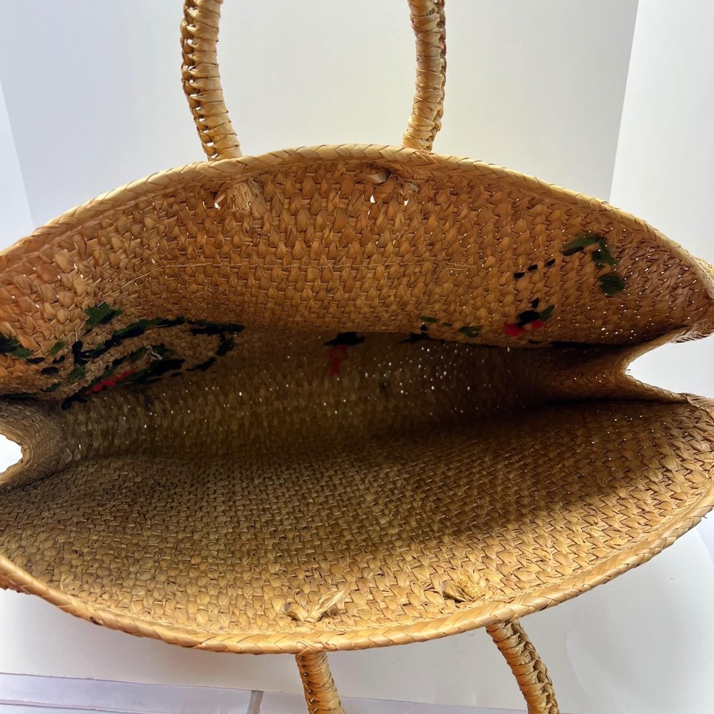 Vintage Woven Straw Tote Bag Floral 3D Raffia Embroidery Boho Beach Large Tan - Picture 14 of 16